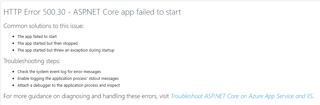 Screenshot of web browser showing app failed to start error