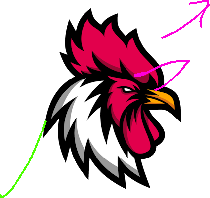 A serious chicken logo facing right with a magenta arrow pointing upward and right from the beak and a green line drawn extending beneath its downy feathers
