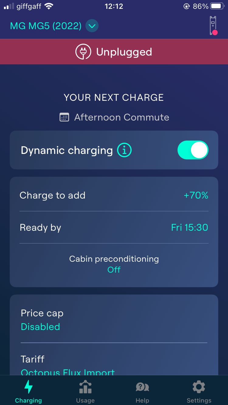 Main screen of the Ohme app showing charging schedules and switches for cost cap, max charging, etc.