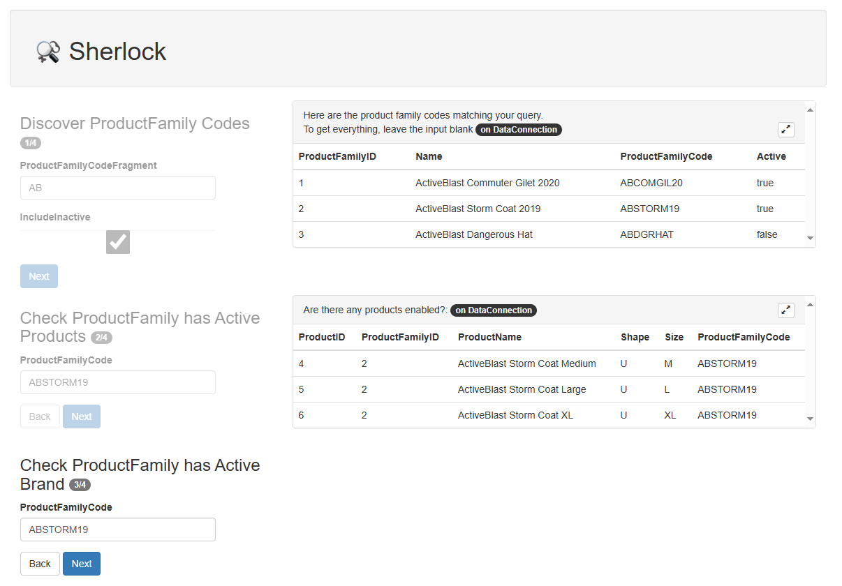 Sherlock Web UI showing multiple steps of a flow